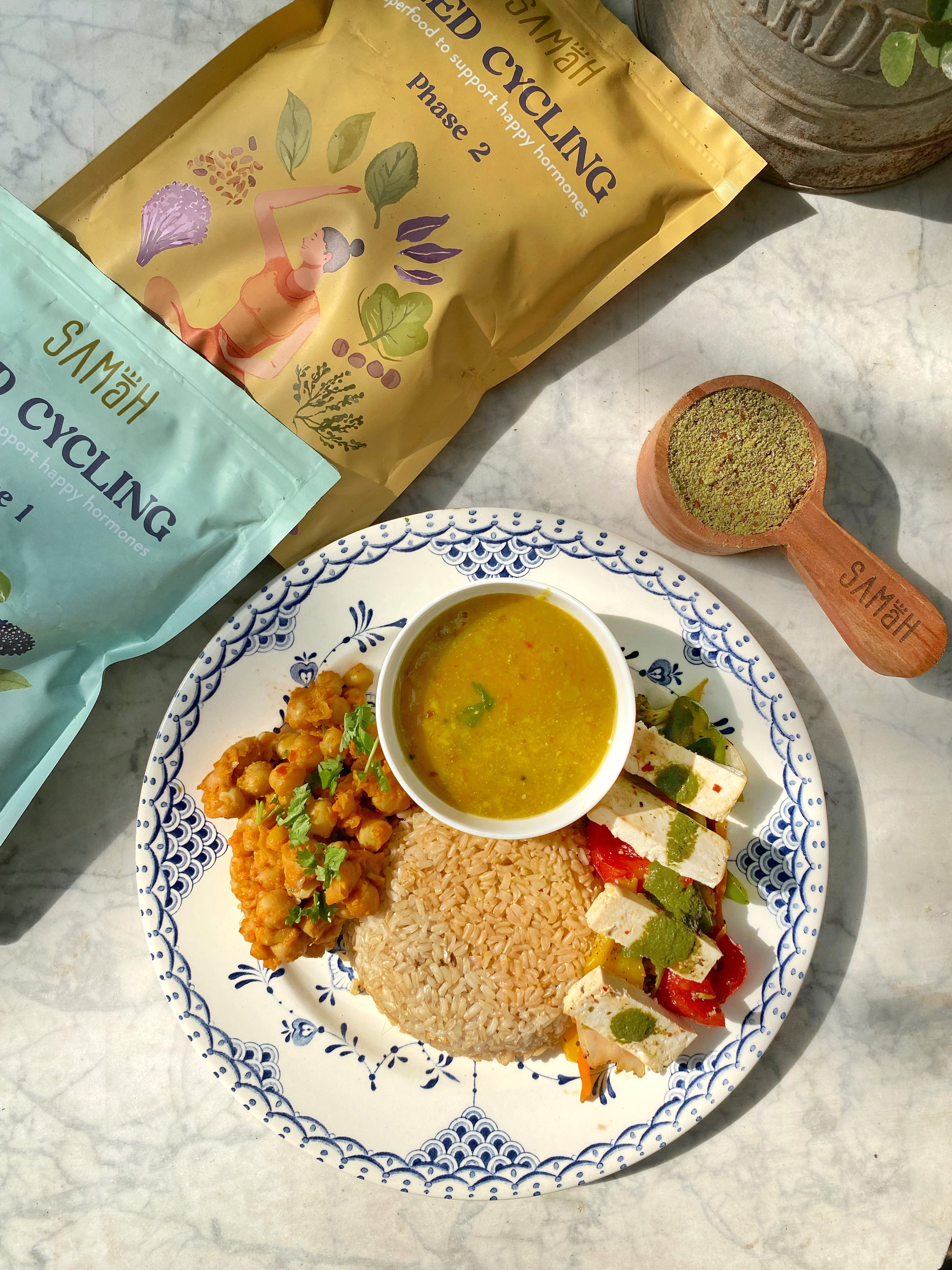 Power-Packed Brown Rice, Channa Masala & Tofu Veggie Bowl