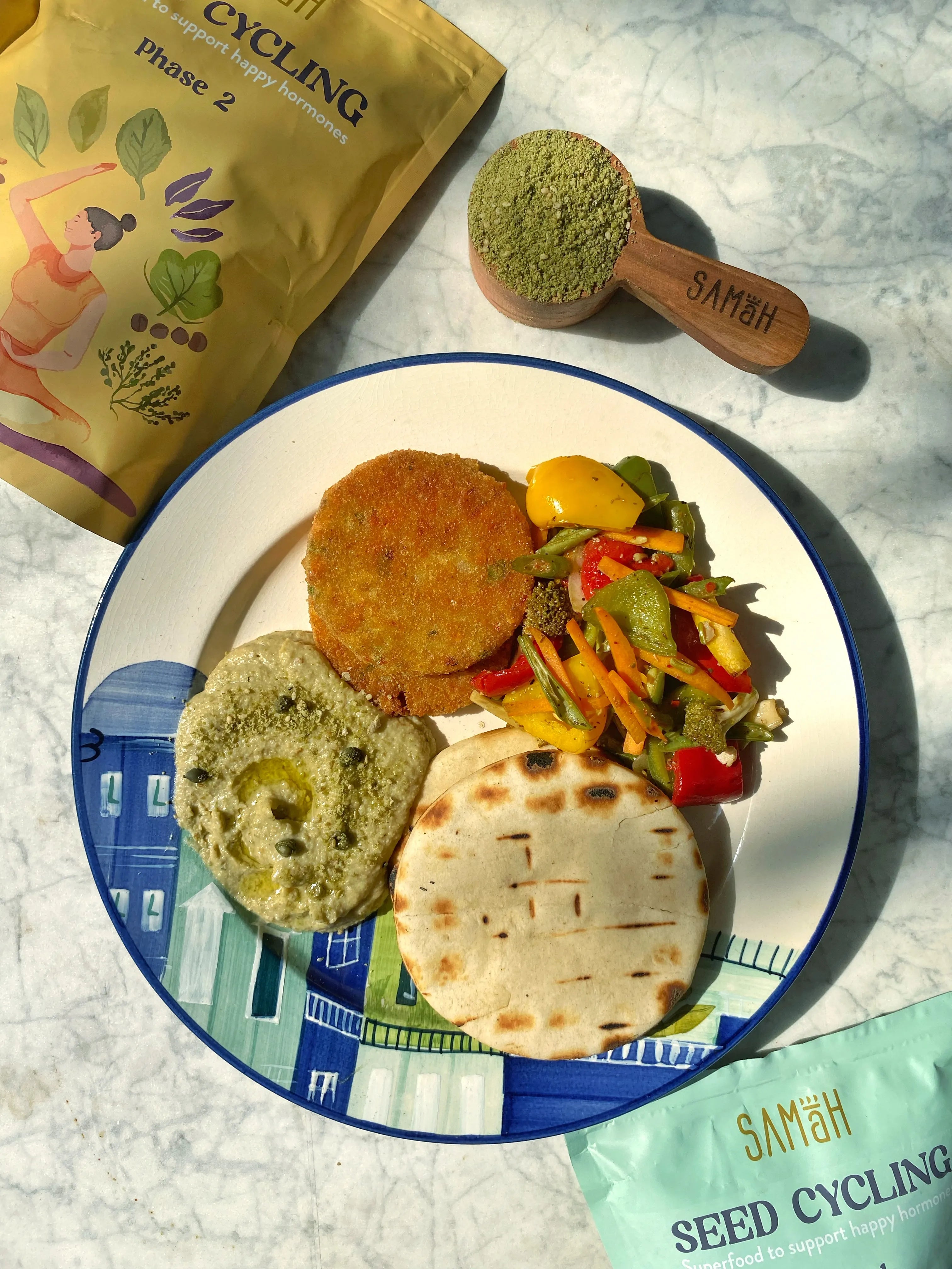 Vibrant Pita Pockets, Veggie Patties & Roasted Veggie Platter with Hummus