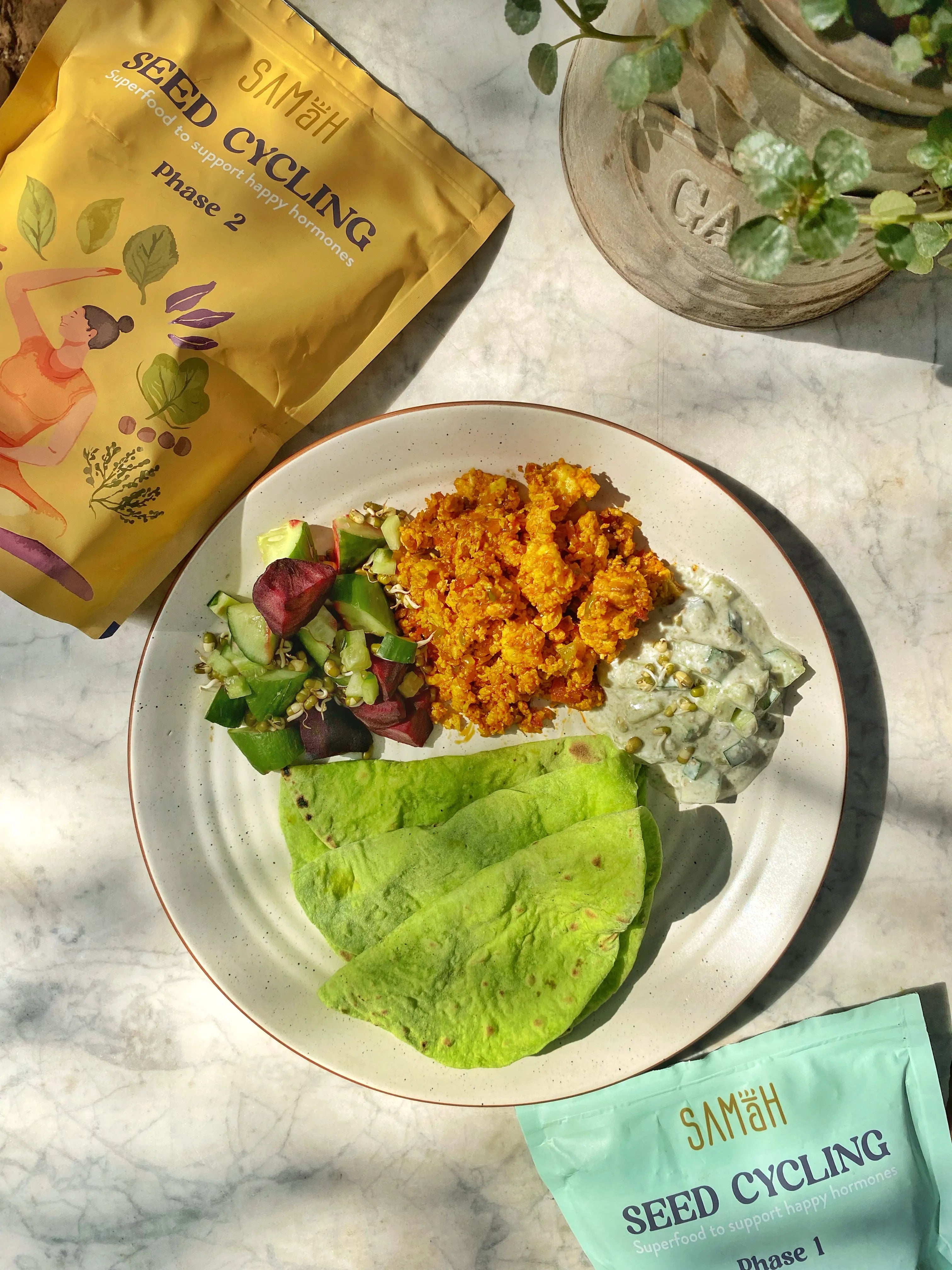 Energizing Spinach Roti, Paneer Bhurji & Probiotic Raita Plate